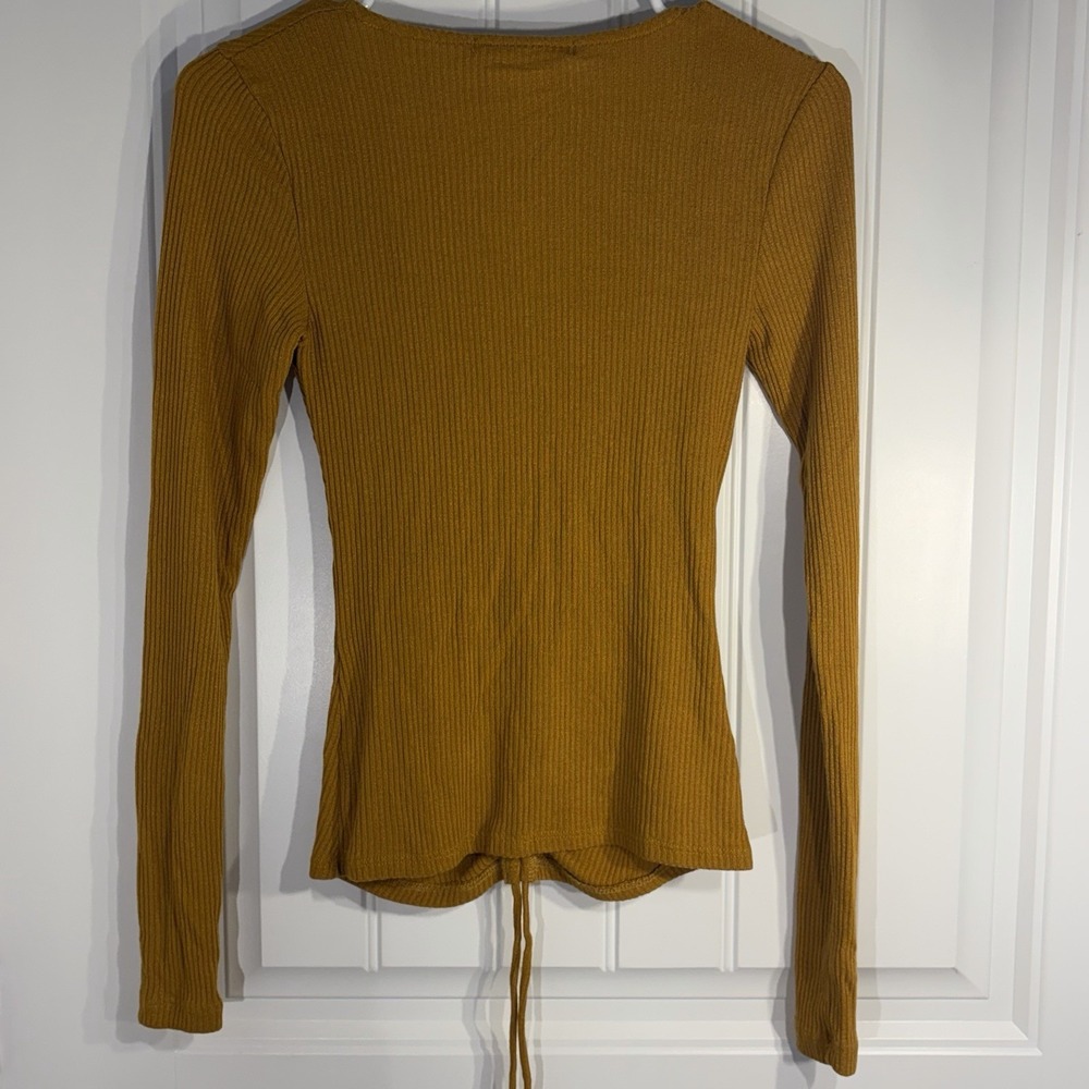 Mustard Ribbed Ruched Front Long Sleeve Top V Neck Stretch Fitted XS - Picture 3 of 4